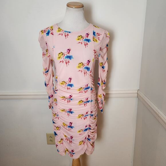 Ganni Dresses & Skirts - Ganni Dress Size 38 US 6 Womens Floral Pink Mesh Ruched Mini Bodycon Feminine